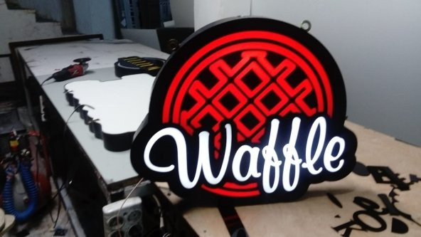 Waffle Yazılı Kırmızı Tabelası 3D LED Tabela Neon Etkili Işıklı Kutu Harf Tabela 30x45cm Pleksiglass ürün görseli