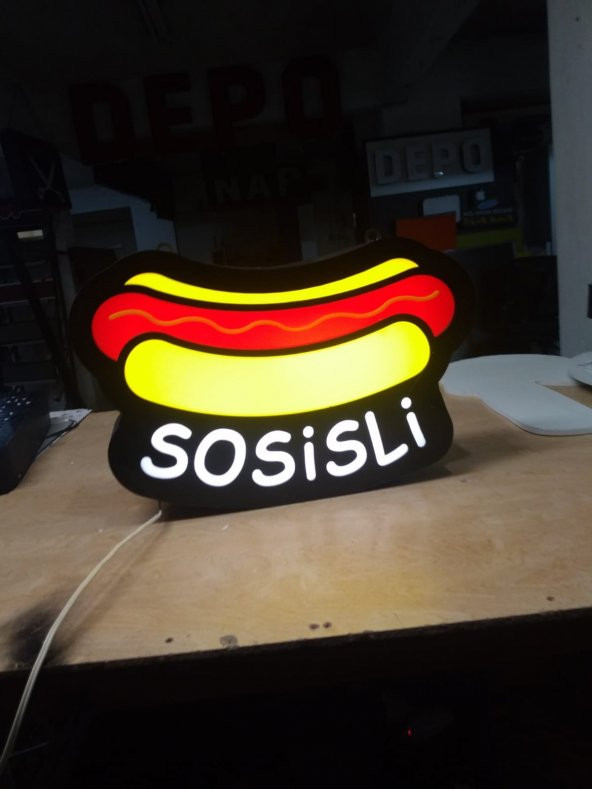 Tabela Sosisli Yazılı Tabelası 3D LED Tabela Neon Etkili Işıklı Kutu Harf Tabela 30x45cm Pleksiglass