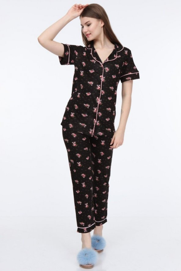 LadyMina Siyah Üzeri Desenli Pijama Takımı