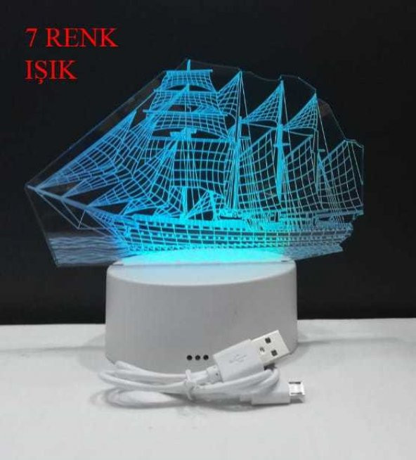 3D Yelkenli Gemi Tasarımlı 7 Renk Değiştiren Gece Lambası