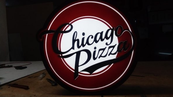 Chicago Pizza Yazılı Tabelası 3D LED Tabela Neon Etkili Işıklı Kutu Harf Tabela 30x45cm Pleksiglass