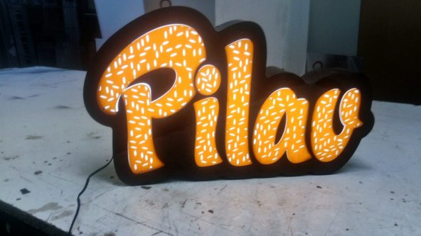 Pilav Turuncu Renk Yazı Tabela 3D LED Tabela Neon Etkili Işıklı Kutu Harf Tabela 30x45cm Pleksiglass