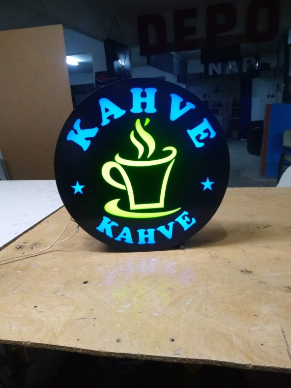 Kahve Yeşil Mavi Yazı Tabelası 3D LED Tabela Neon Etkili Işıklı Kutu Harf Tabela 30x45cm Pleksiglass