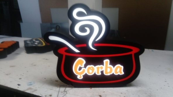 Çorba Sarı Yazılı Tabelası 3D LED Tabela Neon Etkili Işıklı Kutu Harf Tabela 30x45cm Pleksiglass ürün görseli