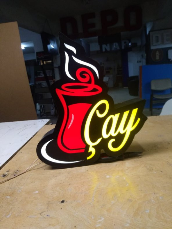 Bardaklı Çay Yazılı Tabelası 3D LED Tabela Neon Etkili Işıklı Kutu Harf Tabela 30x45cm Pleksiglass