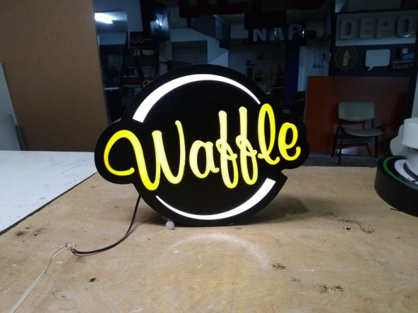 Waffle Yazılı Tabelası 3D LED Tabela Neon Etkili Işıklı Kutu Harf Tabela 30x45cm Pleksiglass