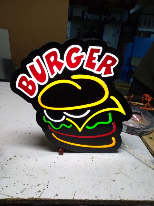 Burger Görsel Yazılı Tabelası 3D LED Tabela Neon Etkili Işıklı Kutu Harf Tabela 30x45cm Pleksiglass - Resim 2