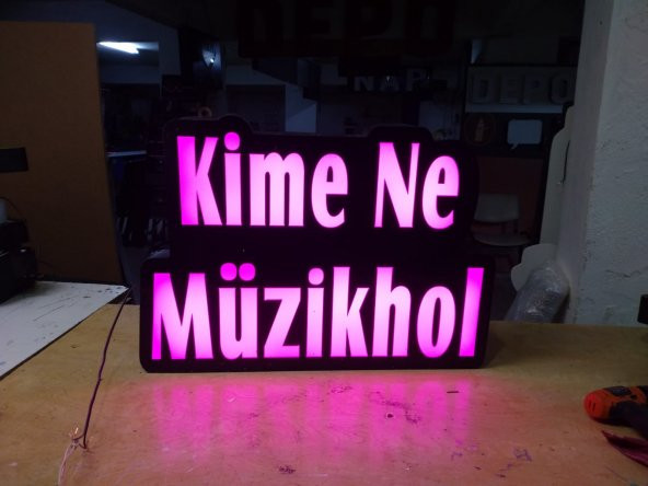 Kimene Müzikhol Yazılı Tabelası 3D LED Tabela Neon Etkili Işıklı Kutu Harf Tabela 30x45cm Pleksiglas