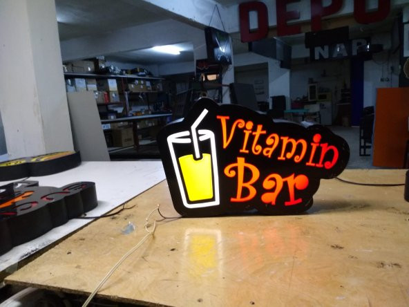 Vitamin Bar Yazılı Tabelası 3D LED Tabela Neon Etkili Işıklı Kutu Harf Tabela 30x45cm Pleksiglass