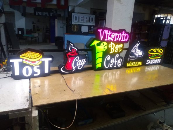 Gözleme Çay Tost Cafe Tabelası 3D LED Tabela Neon Etkili Işıklı Kutu Harf Tabela 30x45cm Pleksiglass