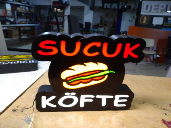 Sucuk Köfte Yazılı Tabelası 3D LED Tabela Neon Etkili Işıklı Kutu Harf Tabela 30x45cm Pleksiglass ürün görseli