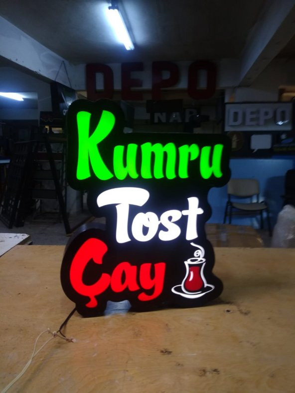 Kumru Tost Çay Yazılı Tabelası 3D LED Tabela Neon Etkili Işıklı Kutu Harf Tabela 30x45cm Pleksiglass