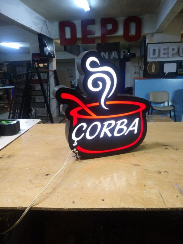 Çorba Tabelası 3D LED Tabela Neon Etkili Işıklı Kutu Harf Tabela 30x45cm Pleksiglass Depo Reklam ürün görseli