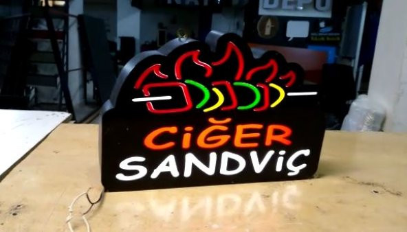 Ciğer Sandviç Yazılı Tabelası 3D LED Tabela Neon Etkili Işıklı Kutu Harf Tabela 30x45cm Pleksiglass