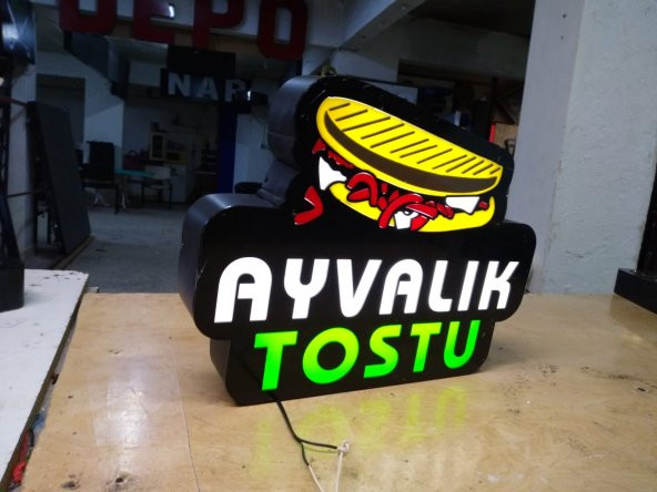 Ayvalık Tostu Büfeci Tabelası 3D LED Tabela Neon Etkili Işıklı Kutu Harf Tabela 30x45cm Pleksiglass