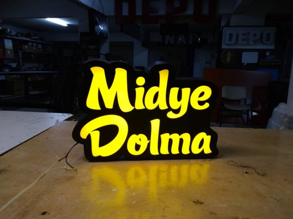 Midye Dolma Midyeci Tabelası 3D LED Tabela Neon Etkili Işıklı Kutu Harf Tabela 30x45cm Pleksiglass