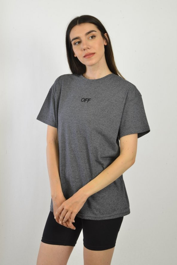Kadın Gri Nakışlı T-shirt - Tayt Takım