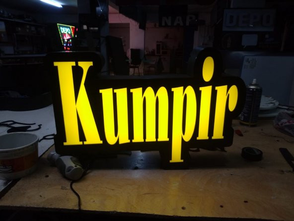 30x45 Cm Pleksiglass 3D Kumpir Sarı Yazılı LED Tabelası Neon Etkili Kutu Harf Işıklı Depo Tabela ürün görseli