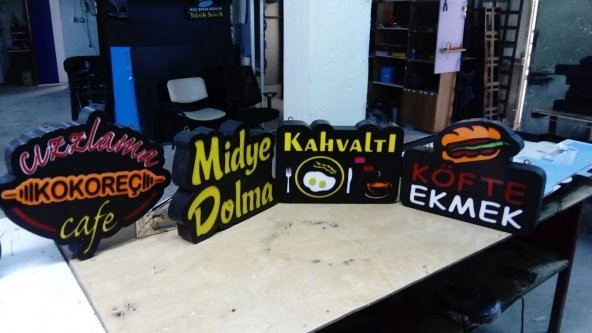 Kokoreççi-Midye Dolma-Kahvaltı-Köfte Ekmek Görseli Yazılı 3D Led Tabela Neon Etkili Işıklı Kutu Harf ürün görseli