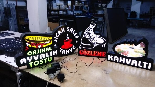 Ayvalık Tost-Sıcak Salep-Kahve-Gözleme-Kahvaltı Görselli 3D LED Tabela Neon Etkili Işıklı Tabela