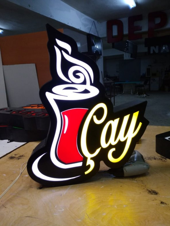 Çay Tea Yazılı Resimli Yazılı En Şık Tabela 3D Led Neon Etkili Işıklı Tabela Kutu Harf Depo Tabela