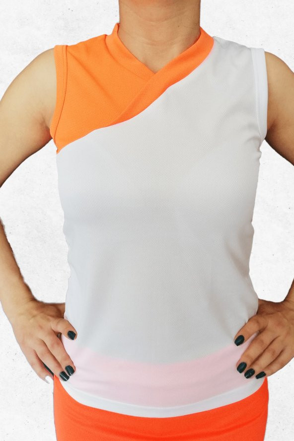Modapalace Turunucu Beyaz Çapraz Modelli Sıfır Kol Kadın Spor Tişört