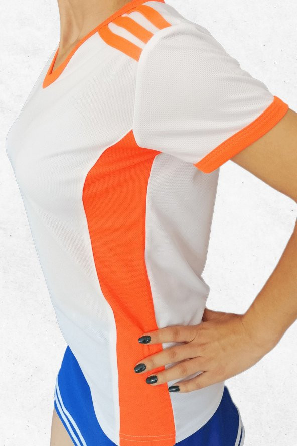 Modapalace Omzu Turuncu Şerit Detaylı Büyük Beden Kadın Spor Tişört