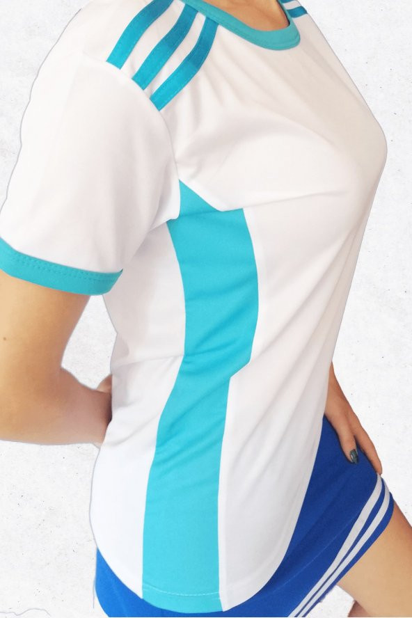 Modapalace Omzu Turkuaz Şerit Detaylı Kız Çocuk  Spor Tişört