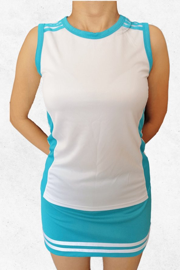 Modapalace Omzu Turkuaz Şerit Modelli Sıfır Kol Kadın Spor Tişört