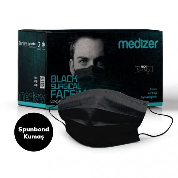 Medizer Full Ultrasonik Cerrahi Ağız Maskesi 3 Katlı Spunbond Kumaş 50 Adet - Burun Telli - Siyah