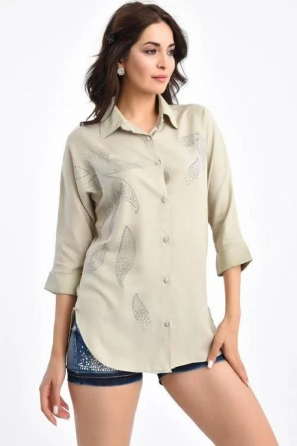 Yaprak Taş Dizili Kısa Kollu Bej Kadın Gömlek - 2
