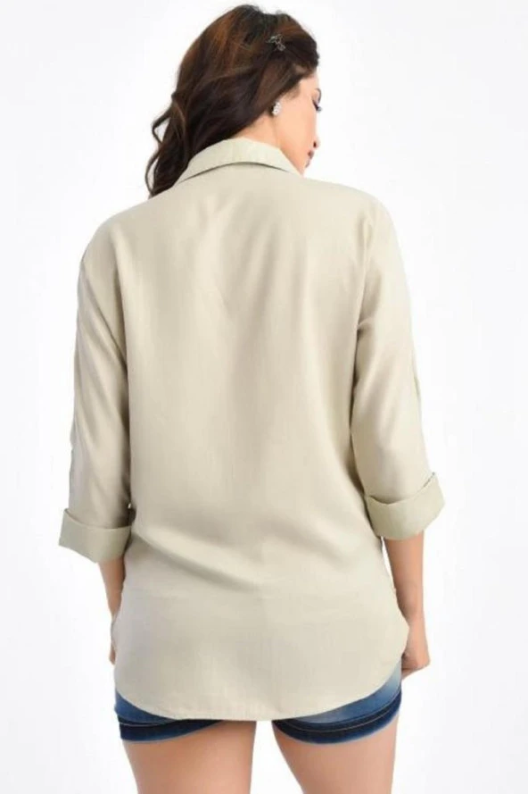 Yaprak Taş Dizili Kısa Kollu Bej Kadın Gömlek - 4