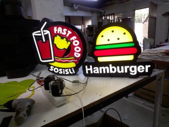 Fast Food Sosisli ve Hamburger Yazılı Tabela 3D Led Neon Etkili Işıklı Tabela Kutu Harf Depo Reklam