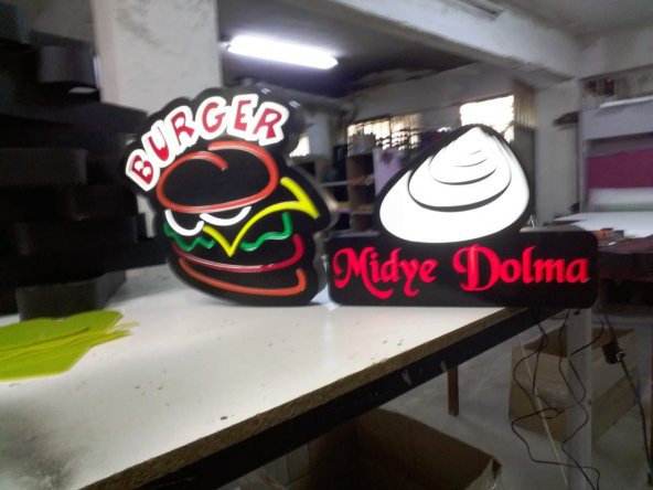 Burger ve Midye Dolma Tabela 3D Led Neon Etkili Işıklı Tabela Kutu Harf Depo Reklam Tabela Maltepe ürün görseli