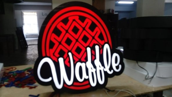 Kırmızı Waffle Yazılı Resimli Tabelası 3D Led Neon Etkili Işıklı Tabela Kutu Harf Depo Reklam Tabela