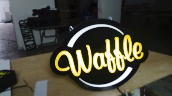 Waffle Yazılı Sarı Renk Tabela 3D Led Neon Etkili Işıklı Tabela Kutu Harf Depo Reklam Tabela Kartal ürün görseli