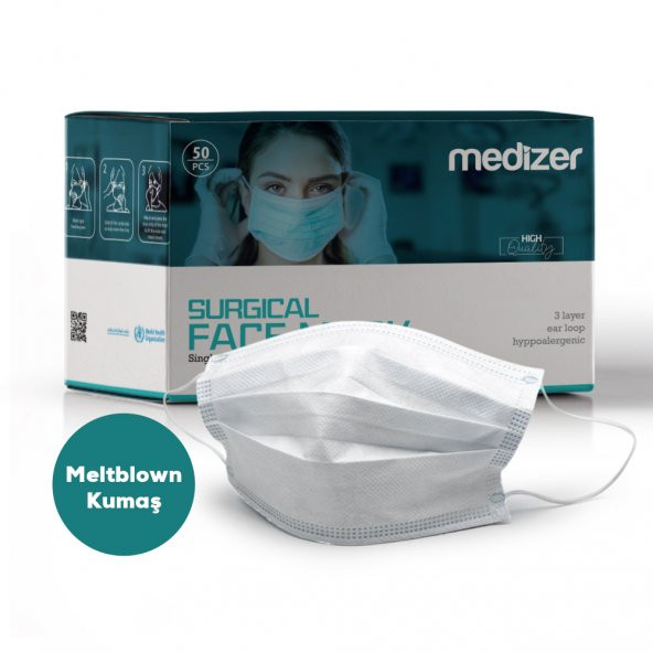 Medizer Full Ultrasonik Cerrahi Ağız Maskesi 3 Katlı Meltblown Kumaş 50 Adet - Burun Telli - Beyaz
