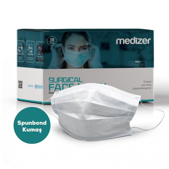 Medizer Full Ultrasonik Cerrahi Ağız Maskesi 3 Katlı Spunbond Kumaş 50 Adet - Burun Telli - Beyaz