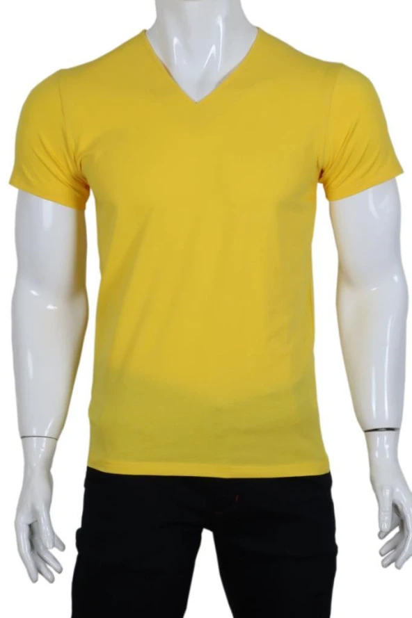 Erkek Tişört Dar Kesim V Yaka RAR00613 Sarı T-Shirt