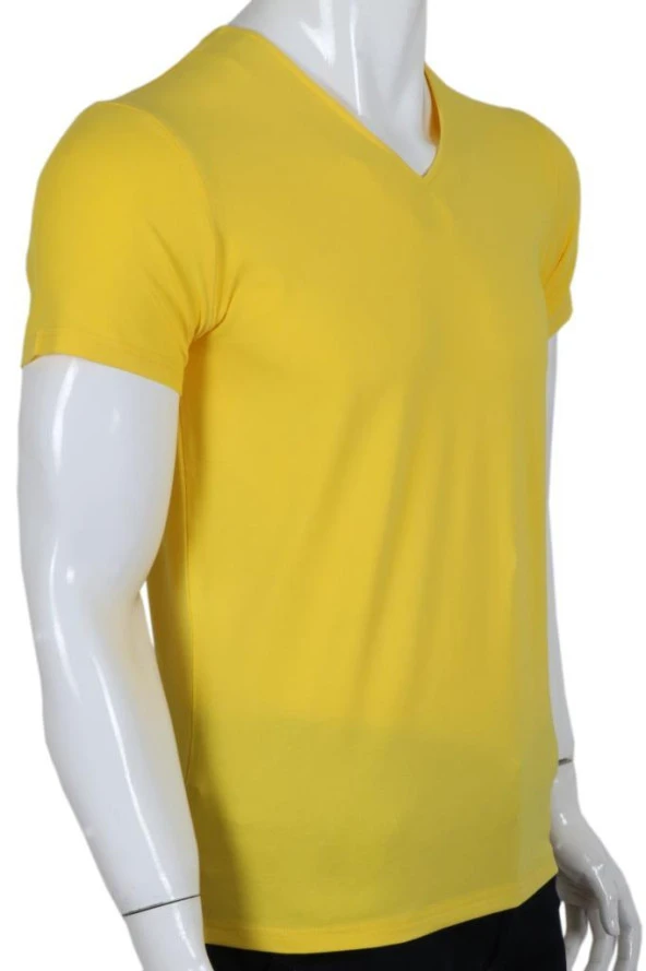 Erkek Tişört Dar Kesim V Yaka RAR00613 Sarı T-Shirt - 2