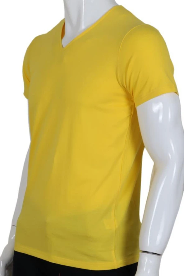Erkek Tişört Dar Kesim V Yaka RAR00613 Sarı T-Shirt - 3