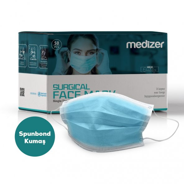 Medizer Full Ultrasonik Cerrahi Ağız Maskesi 3 Katlı Spunbond Kumaş 50 Adet - Burun Telli - Mavi