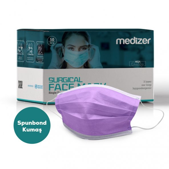 Medizer Full Ultrasonik Cerrahi Ağız Maskesi 3 Katlı Spunbond Kumaş 50 Adet - Burun Telli - Lila
