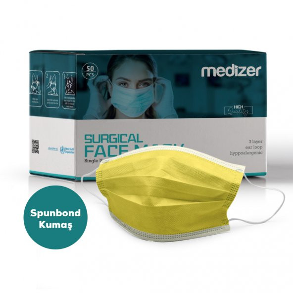 Medizer Full Ultrasonik Cerrahi Ağız Maskesi 3 Katlı Spunbond Kumaş 50 Adet - Burun Telli - Sarı