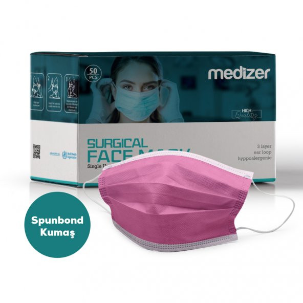 Medizer Full Ultrasonik Cerrahi Ağız Maskesi 3 Katlı Spunbond Kumaş 50 Adet - Burun Telli - Pembe