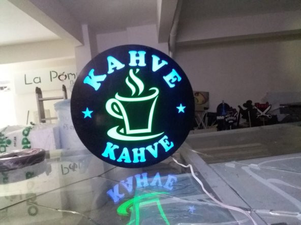 Mavi Yazılı Görselli Kahve Tabela 3D Led Neon Etkili Işıklı Tabela Kutu Harf Depo Reklam Tabela