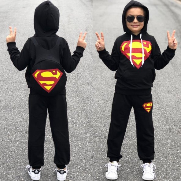 Superman Siyah Erkek Çocuk Eşofman Takımı