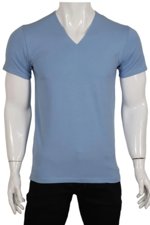 Erkek Tişört Dar Kesim V Yaka RAR00614 Buz Mavi T-Shirt