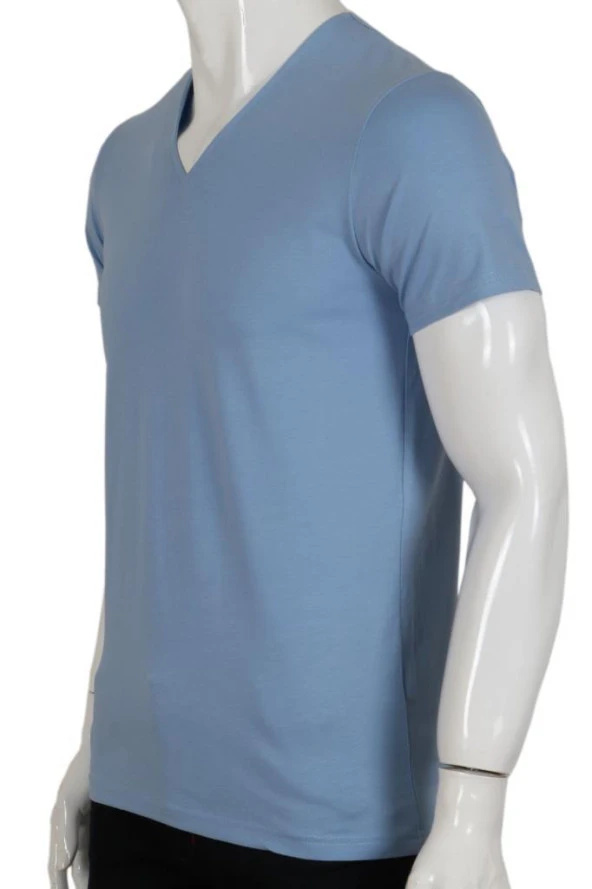 Erkek Tişört Dar Kesim V Yaka RAR00614 Buz Mavi T-Shirt - 3