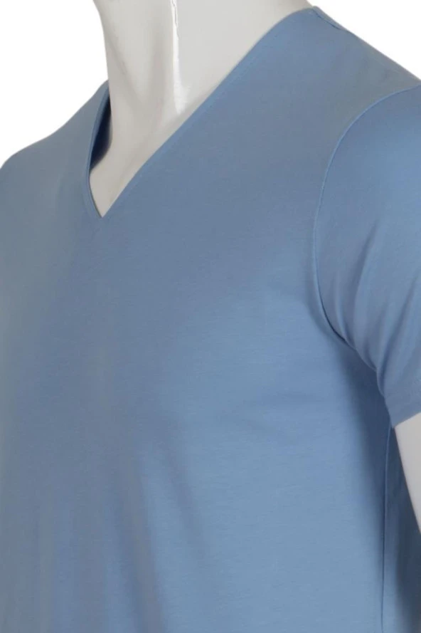 Erkek Tişört Dar Kesim V Yaka RAR00614 Buz Mavi T-Shirt - 4